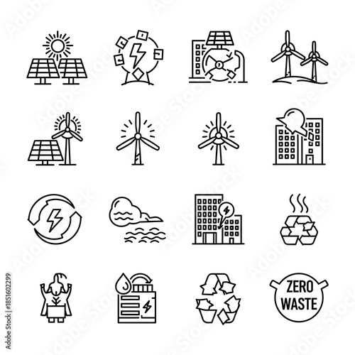 Comprehensive line icon set representing sustainable energy solutions, eco-friendly technology, and environmental protection concepts for a greener future and waste reduction