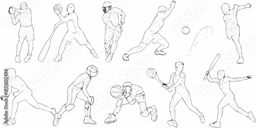 Illustrative sketches depicting various athletic poses in baseball and cricket