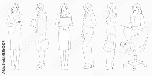 Line art illustration of six women in professional attire various poses