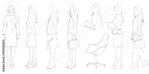 Line art illustration of a woman in business attire in various poses