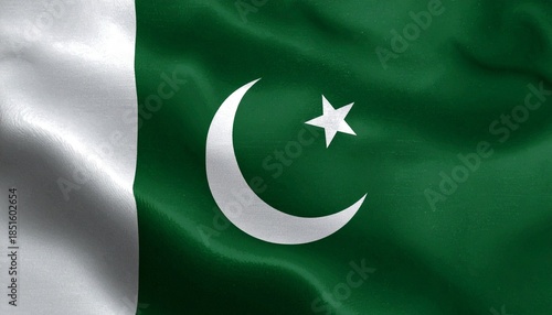 Pakistan flag with dark green field, white vertical stripe, crescent moon and five-pointed star.