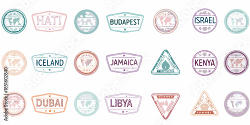 Collection of vintage travel stamps representing various countries and cities