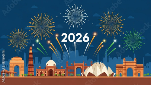 Celebrating 2026 New Year India Landmarks Fireworks Display Night Sky Delhi Architecture