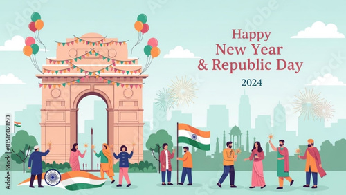 Vibrant Indian Republic Day Celebration Scene with Happy New Year 2024 Greetings and Diverse Cultural Elements