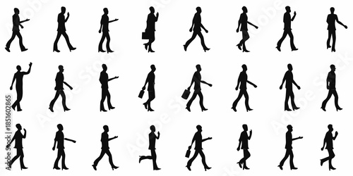 Silhouettes of walking people in various poses arranged in a grid pattern