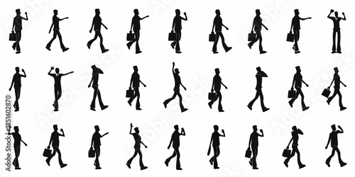 Silhouettes of people walking a collection of diverse poses and figures