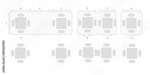 Diagram of different table arrangements showcasing seating capacity and layout options