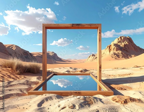 Surreal landscape with open wooden frame reflecting the sky