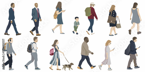 Diverse group of people walking illustrated figures in a modern design style