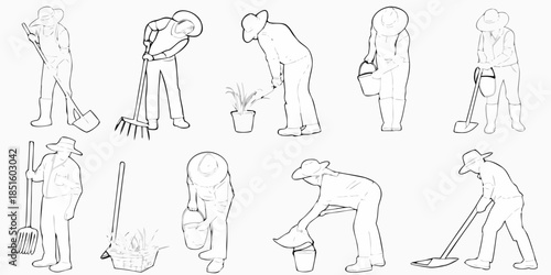 Line art illustrations depicting various gardeners and their gardening tools