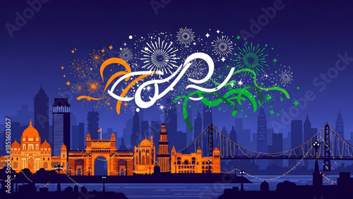 Vibrant Indian Cityscape at Night with Fireworks and Bridge, Celebrating Independence Day with Colorful Lights and Architecture