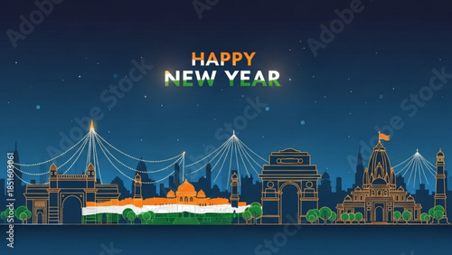 Vibrant Indian New Year Celebration Scene with Iconic Landmarks and Happy Wishes in Colorful Ornate Details at Night
