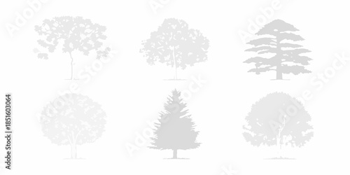 A collection of grayscale silhouettes depicting various types of trees