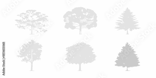 A collection of six different tree silhouettes against a plain white background
