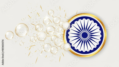 Vibrant Indian Flag Emblem with Shimmering Bubbles and Golden Accents Celebrating National Pride and Joy