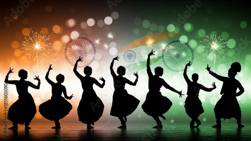 Indian Dancers Celebrate Republic Day with Vibrant Fireworks and Traditional Attire in Silhouette against Tricolor Background