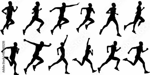 Silhouettes of people in various running and jumping poses athletic activity