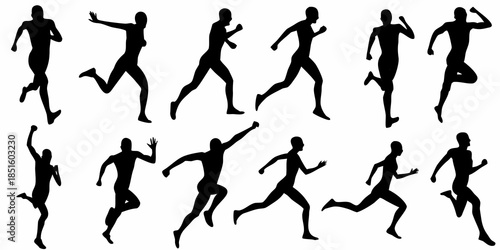 Silhouettes of people in various running and active poses displayed together