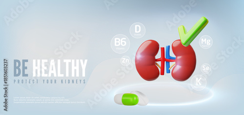 Be healthy protect your kidneys 3D vector banner, kidneys and green tick check mark, medicine treatment, healthcare