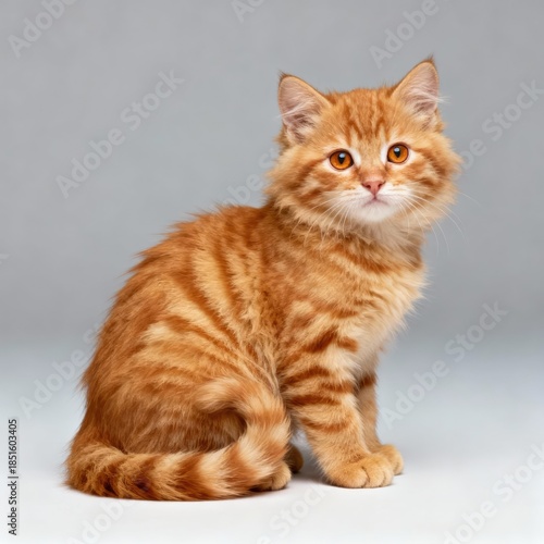 A photorealistic, studio portrait of a young, fluffy ginger tabby kitten, captured in a three-quarter profile, sitting upright with its body