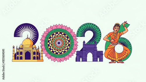 Vibrant Indian Cultural Heritage 2025 Illustration with Taj Mahal, Mandala, Arch, and Traditional Dancer in Ornate Attire Celebrating Festivity