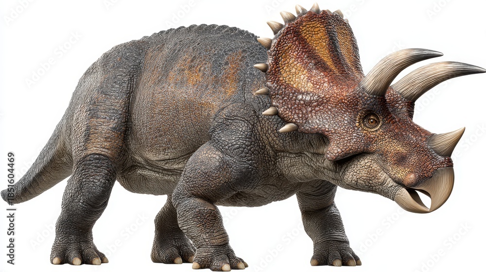Fototapeta premium A large triceratops walks through a green landscape with trees and plants under bright sunlight. The dinosaur has three facial horns and a bony frill.
