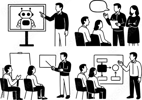 Flat Vector Icons Set: AI Robot Presentation, Team Discussion, Flipchart Teaching, Flowchart Meeting
