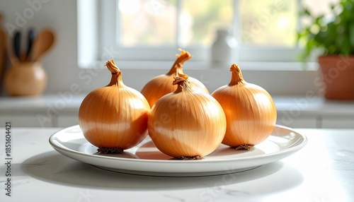 Four whole yellow onions on white plate, set on bright kitchen counter with sunlight and blurred background.