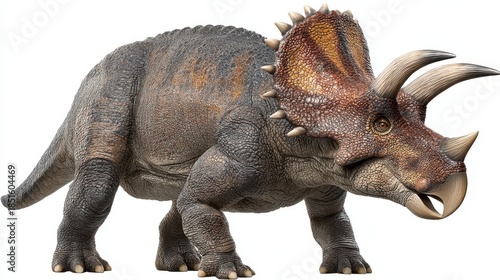 A large triceratops walks through a green landscape with trees and plants under bright sunlight. The dinosaur has three facial horns and a bony frill.