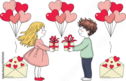 Children exchanging gifts with heart-shaped balloons and envelopes