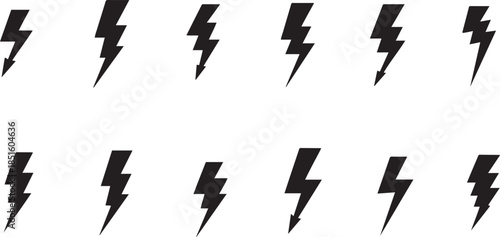 Collection of Black Lightning Bolt Icons in Various Sizes and Orientations thunderbolt
