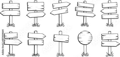 Black and White Hand- Drawn Wooden Signpost Illustrations with Grass plank