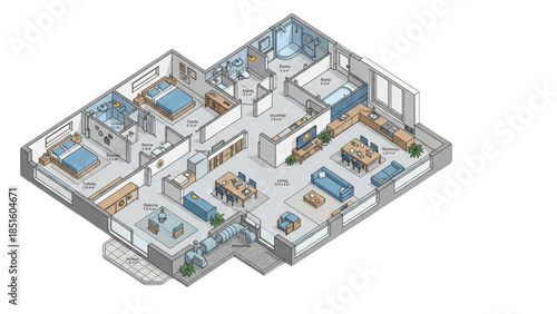 A 3D illustration of a modern office space with various workstations and meeting rooms from an overhead viewpoint