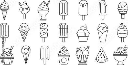 Black and White Line Art Icons of Various Ice Cream Treats dessert sweet
