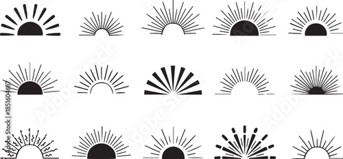 Collection of Stylized Sunburst and Sunrise Icons in Black and White dawn light