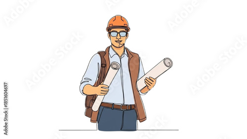 Engineer holding blueprints in a professional setting, showcasing architectural plans and designs.