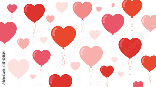 Red and pink heart-shaped balloons floating on white background