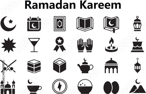 Various Icons Depicting Ramadan Kareem Celebrations Muslim Faith and Holy Traditions