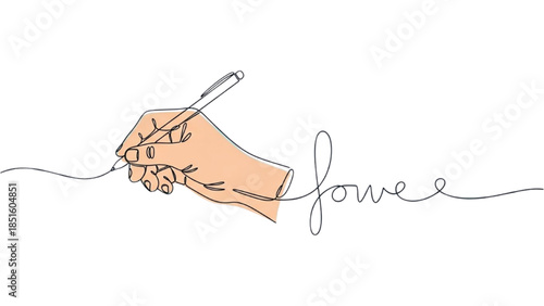 Hand holding pen writing the word love in continuous line drawing
