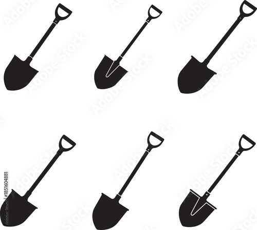 Six black silhouette shovels on white background illustration
