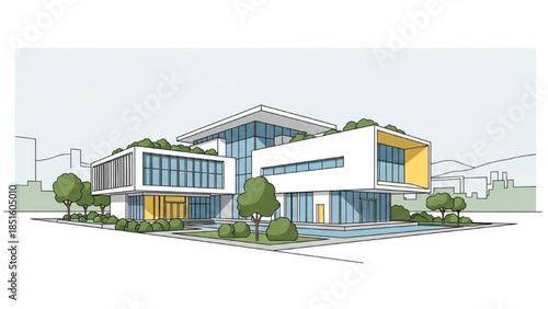 Modern office building with yellow accents and lush greenery surrounding it, viewed from the street