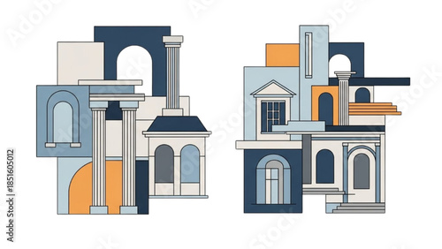 Abstract architectural structures depicted in minimalist illustrations with geometric shapes and bold colors