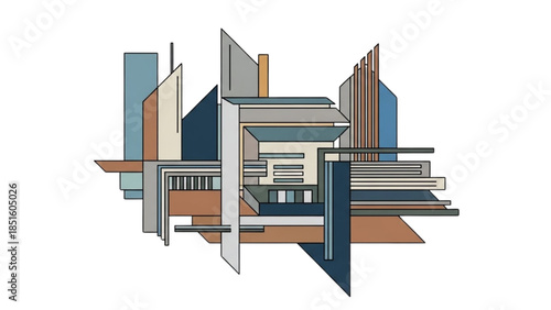 Modern architectural structure with geometric shapes and abstract design elements viewed from a unique perspective