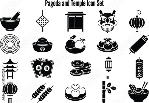 Traditional Asian Cultural Temple and Pagoda Elements Vector Icon Set