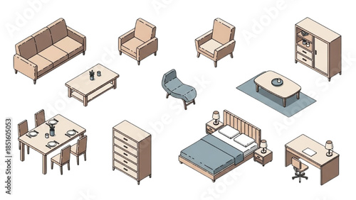 Illustration of various furniture pieces in a modern home setting from a top-down viewpoint