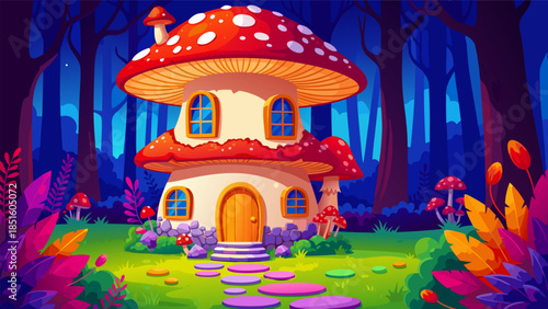 Whimsical Mushroom House in Enchanted Forest with Glowing Plants and Colorful Pathway