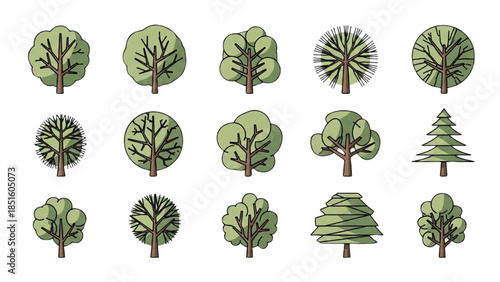 Collection of diverse tree illustrations showcasing various shapes and foliage on a white background