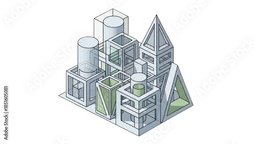 Isometric illustration of an industrial complex with various structures and machinery in a futuristic setting viewed from above