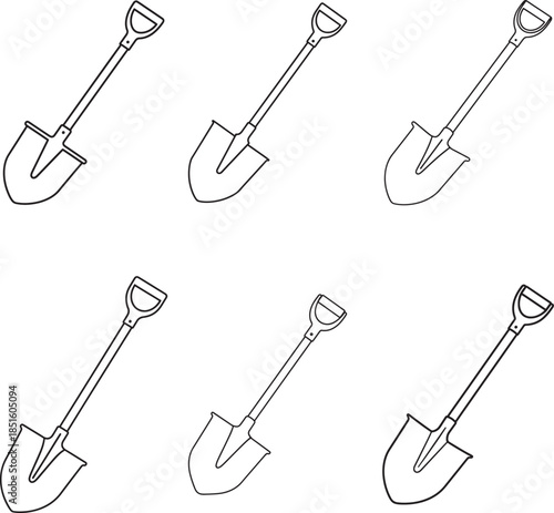 Illustration of six garden shovels in various orientations