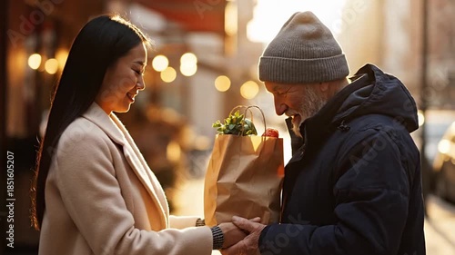 A compassionate young adult woman hands a brown paper bag filled with fresh produce to a senior man with a beard and beanie on a sunlit city street. An act of kindness and support.